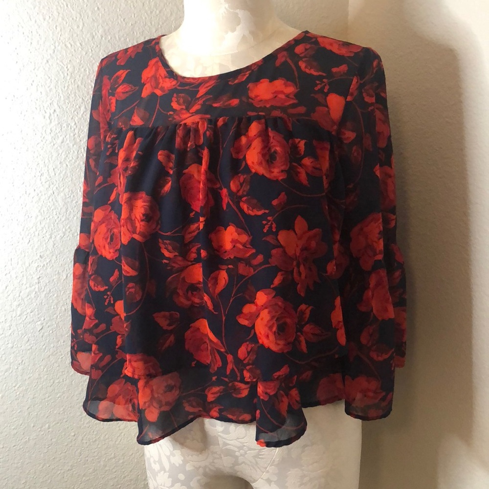 Navy red floral blouse